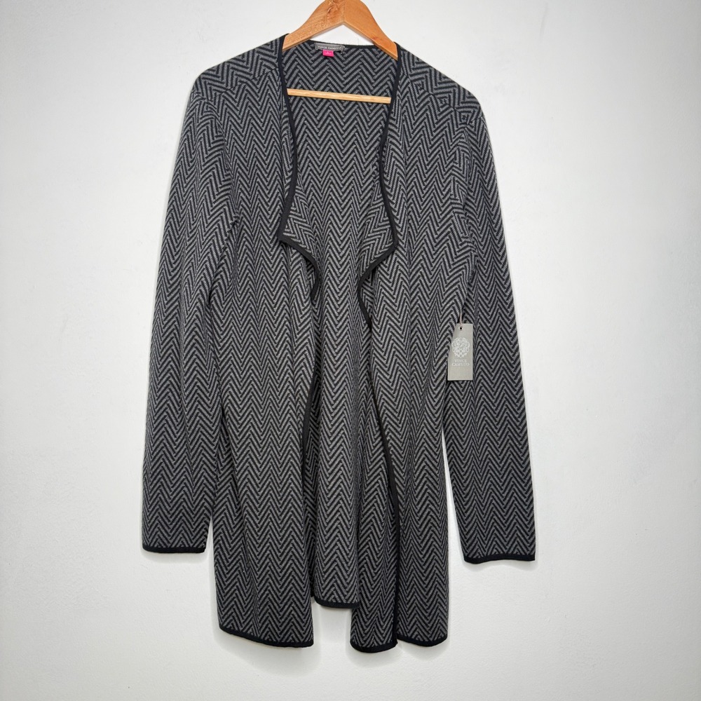 Vince Camuto Women Large Black Chevron Herringbone Open Front Cardigan Sweater
